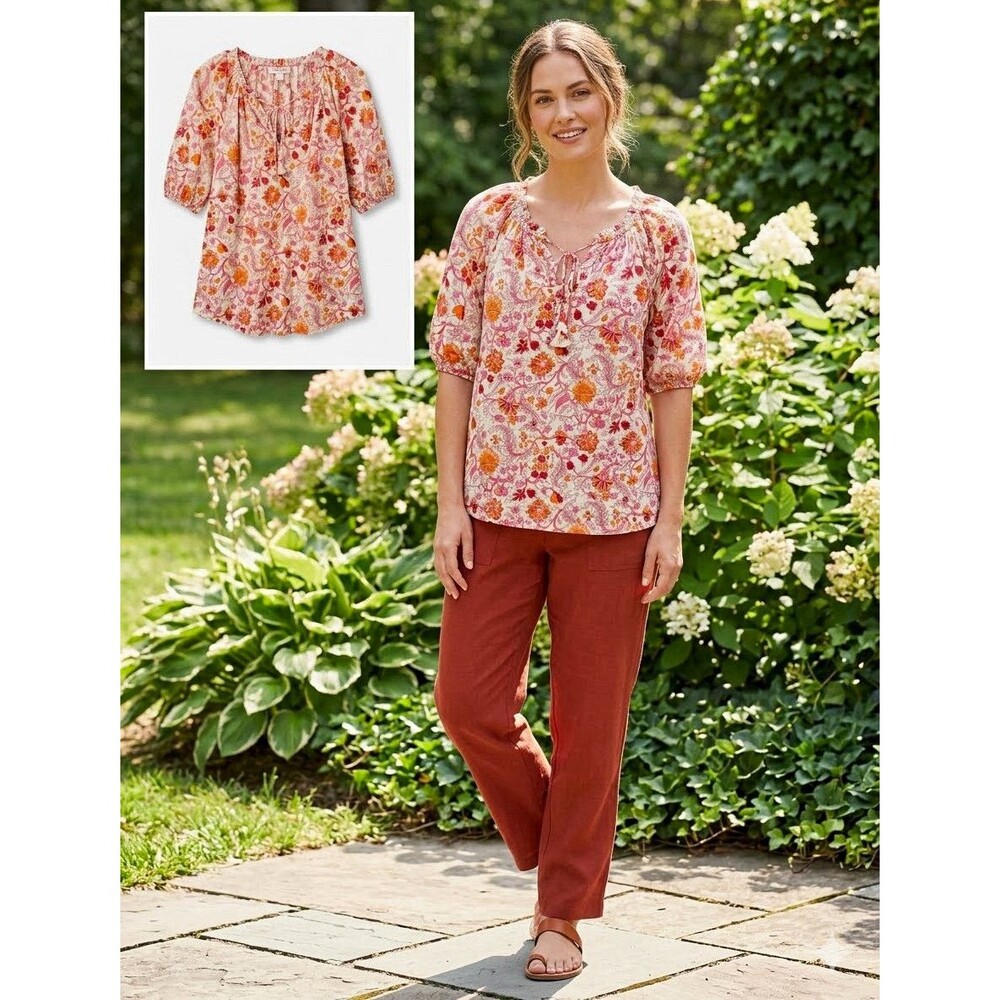 Knox Rose Women’s Size M Multicolor Floral Cotton Tie Neck Puff Sleeve Blouse